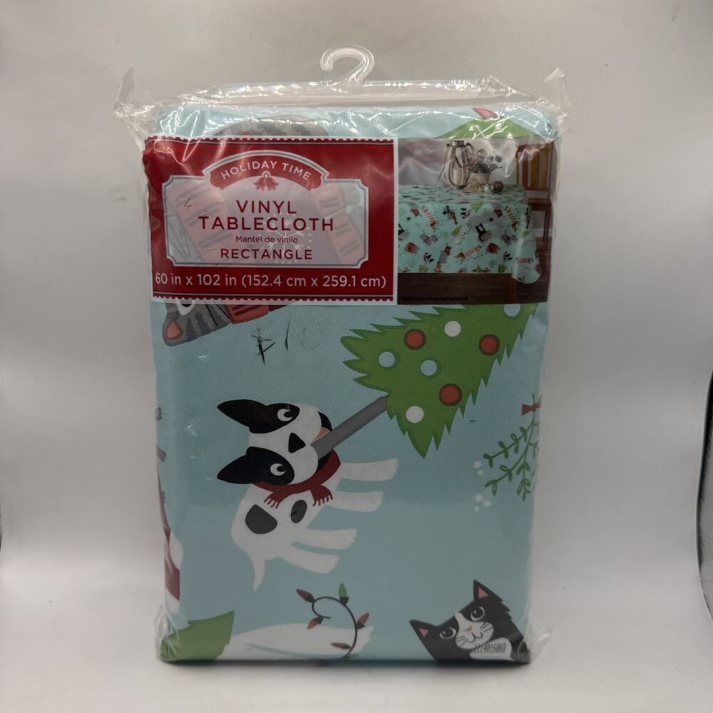 Holiday Time PETS Christmas Decor Vinyl 60" x 102”White Rectangle Tablecloth *